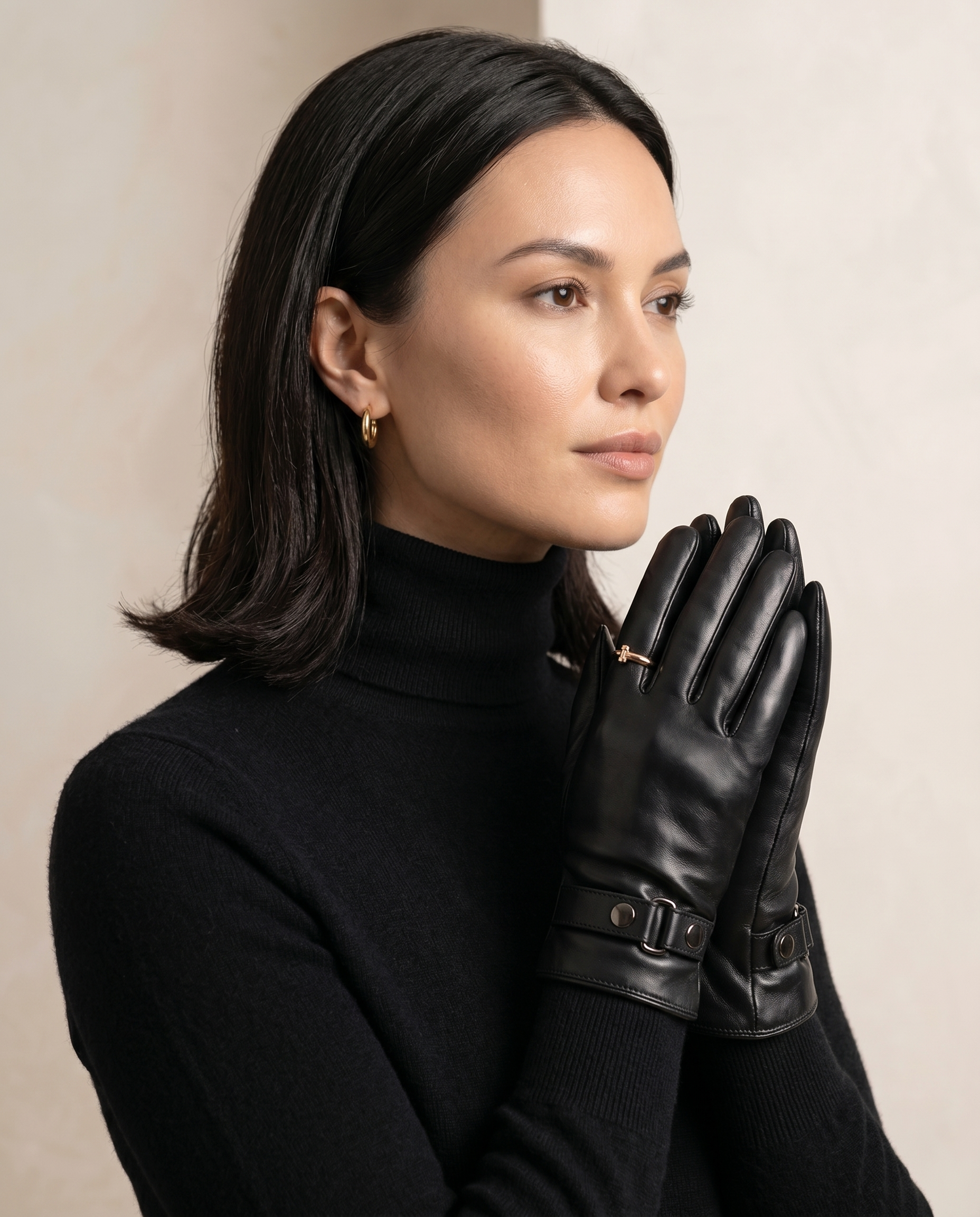 Chic Black Buckle Leather Gloves