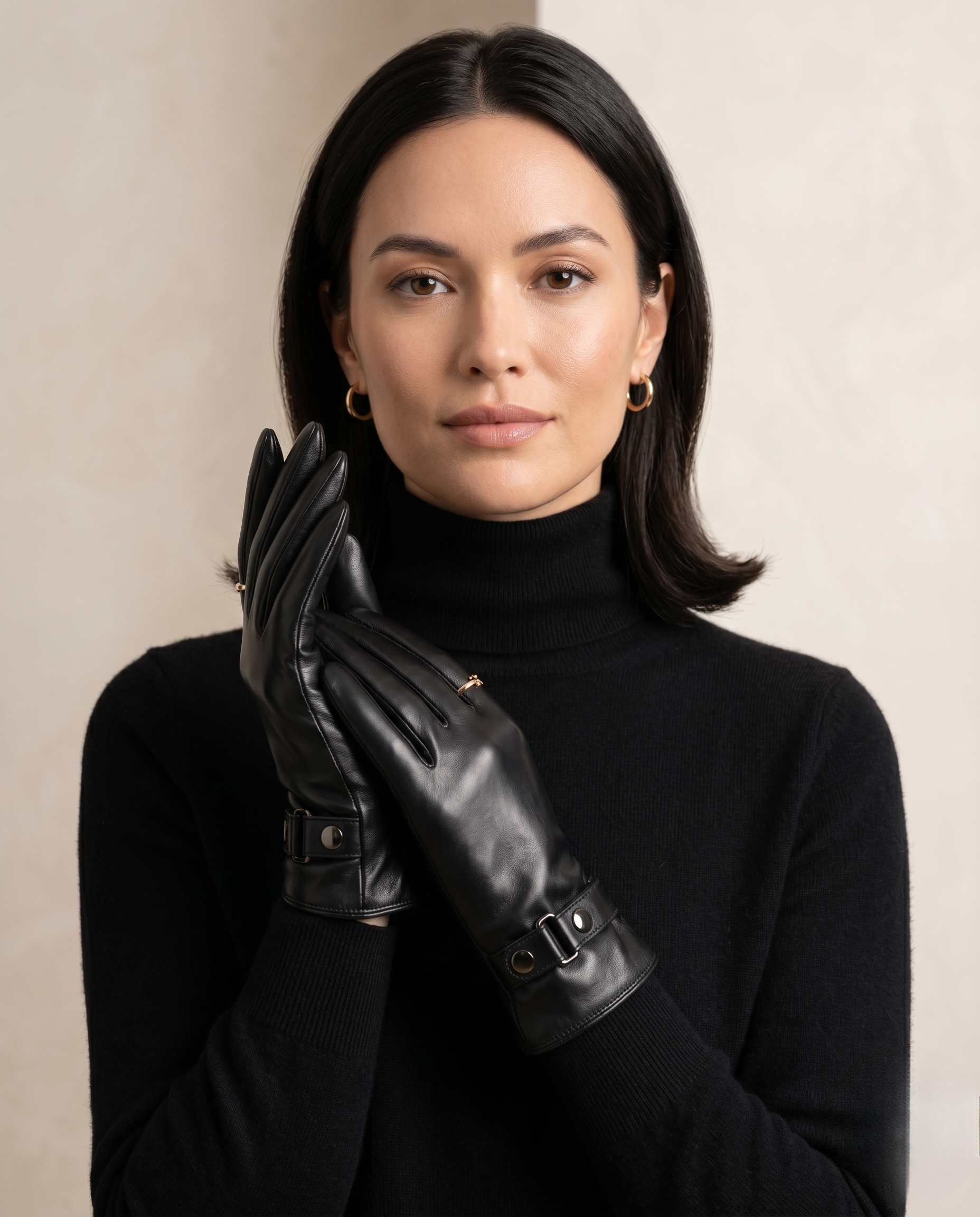 Chic Black Buckle Leather Gloves